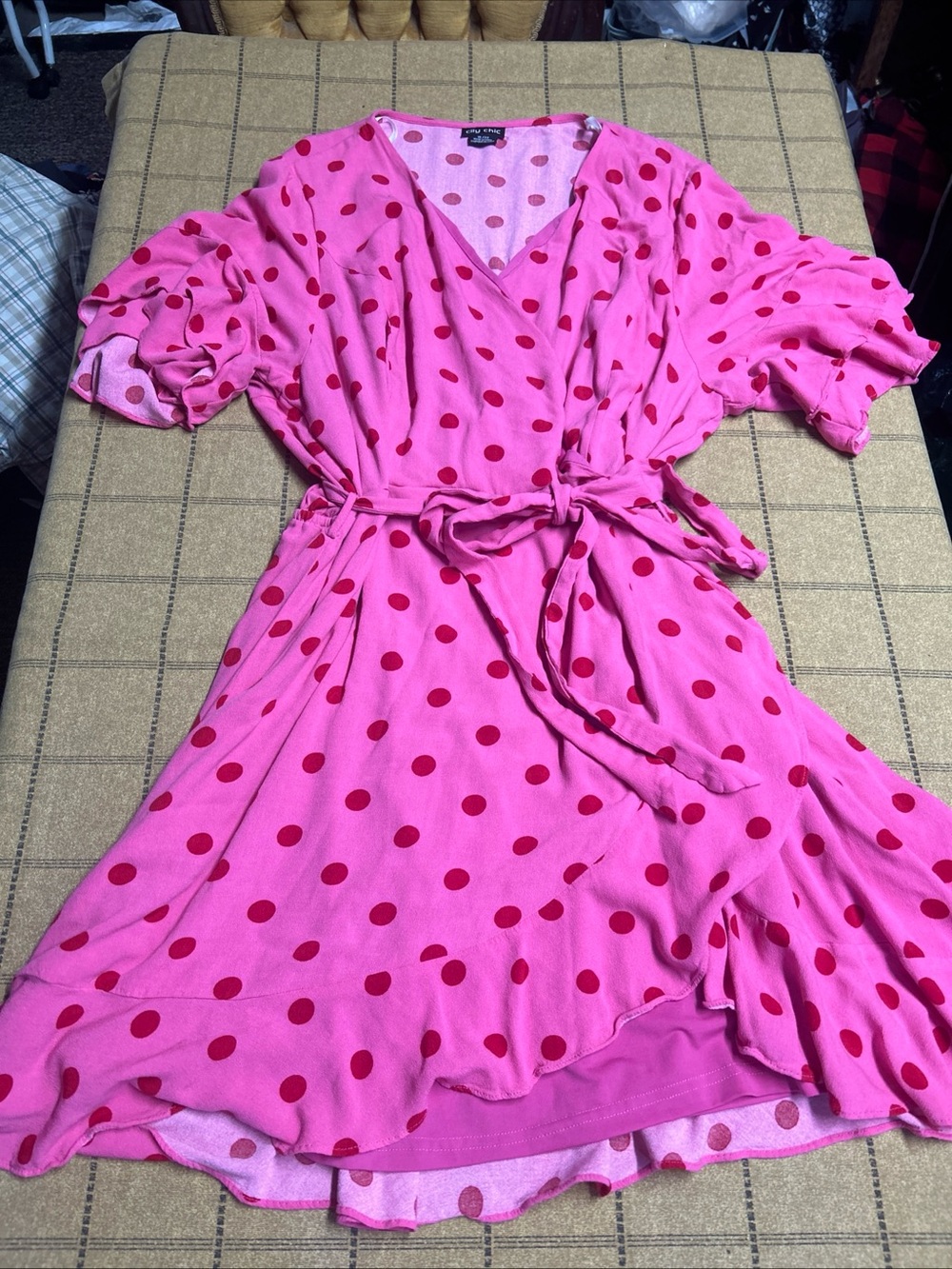 City Chic XL 22 Pink Red Polka Dot Wrap Dress Ruffle Short Sleeve Retro Barbie